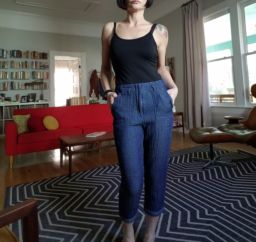 Anthro Mo:Vint High Rise Blue Woven Cropped Pants
